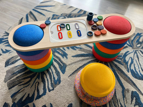 Handmade maple wood balance board for kids, with insert and Grapat pieces on top